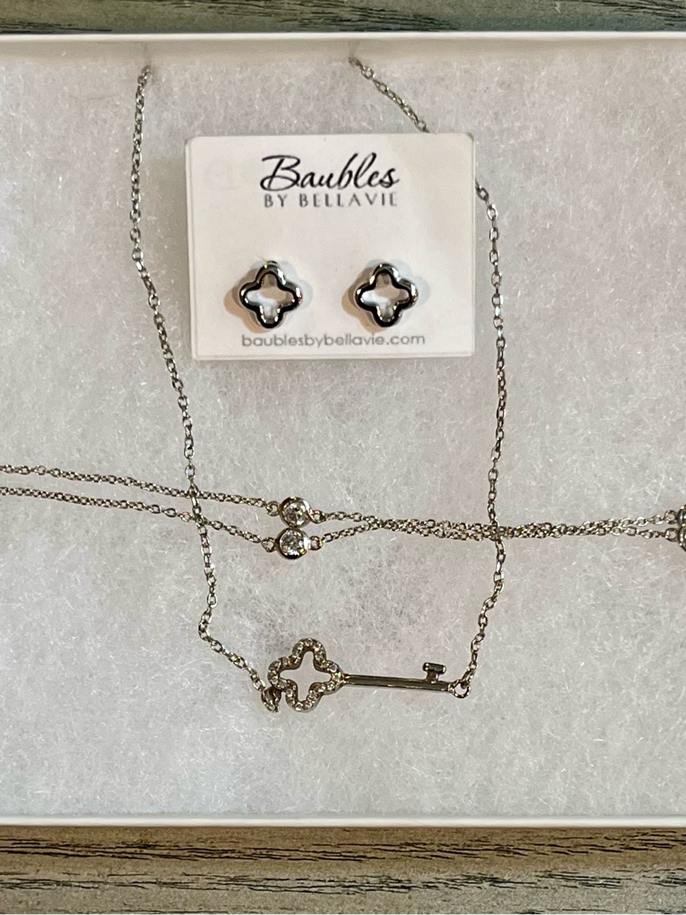 Silver Key Necklace & Clover Stud Earring Set